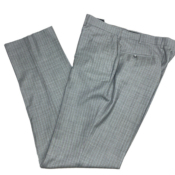 Jos A Bank Mens 39 x 36 No Hem Wool Dress Pants Gray w/blue Pinstripe Flat Front - Picture 1 of 7